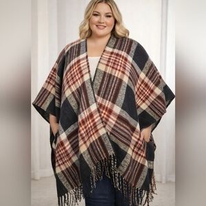 Anne Klein Plaid Wrap Cape in Navy, Cream & Wine